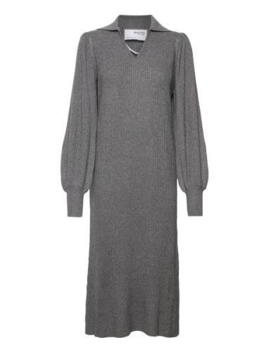 Slfselene Ls Knit Dress B Polvipituinen Mekko Grey Selected Femme