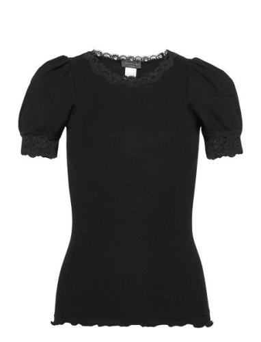 Organic T-Shirt W/ Lace Tops T-shirts & Tops Short-sleeved Black Rosem...