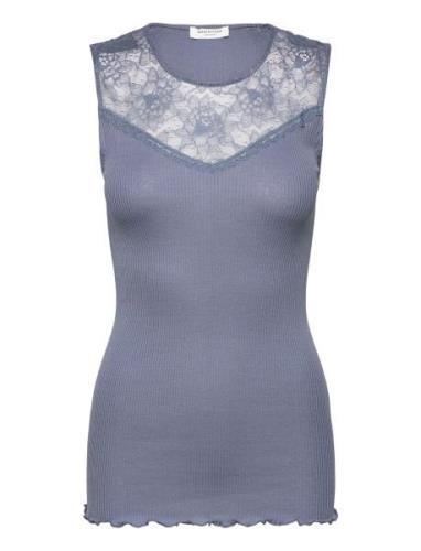 Silk Top Regular W/ Lace Tops T-shirts & Tops Sleeveless Blue Rosemund...