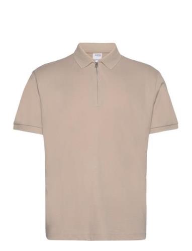 Slhfave Zip Ss Polo Noos Tops Polos Short-sleeved Cream Selected Homme