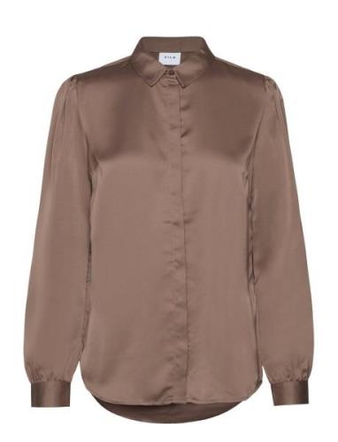 Viellette Satin L/S Shirt/Su - Tops Shirts Long-sleeved Brown Vila