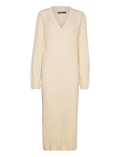 V-Neck Knitted Dress Polvipituinen Mekko Cream Gina Tricot