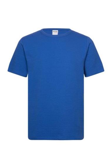 Slhsander Seersucker Ss O-Neck Tee Tops T-shirts Short-sleeved Blue Se...