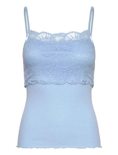 Silk Strap Top W/ Lace Tops T-shirts & Tops Sleeveless Blue Rosemunde