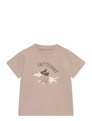 T-Shirt Ss Print Tops T-shirts Short-sleeved Beige Huttelihut