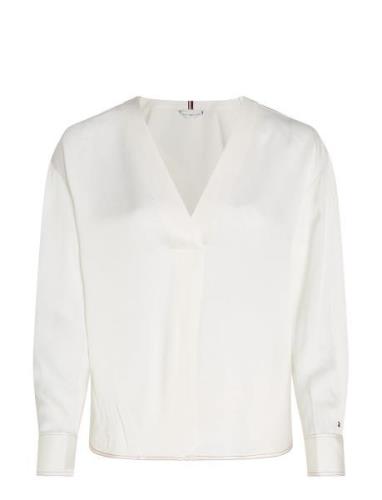 Rwb Stitch V-Neck Ls Blouse Tops Blouses Long-sleeved White Tommy Hilf...