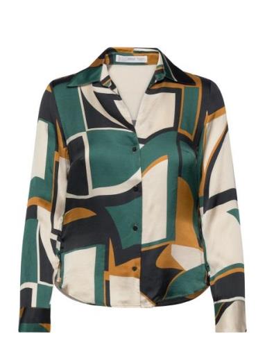 Geometric-Print Satin Shirt Tops Shirts Long-sleeved Green Mango