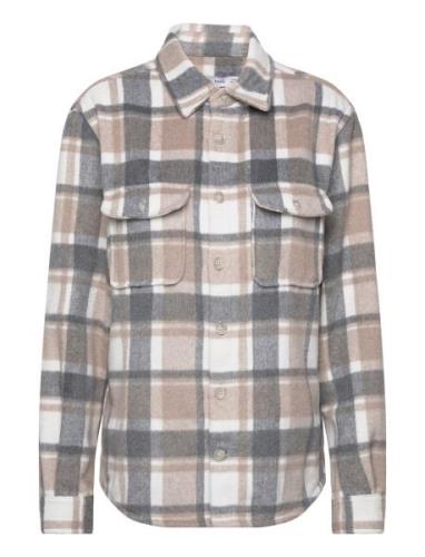 Check Wool-Blend Overshirt Tops Overshirts Beige Mango