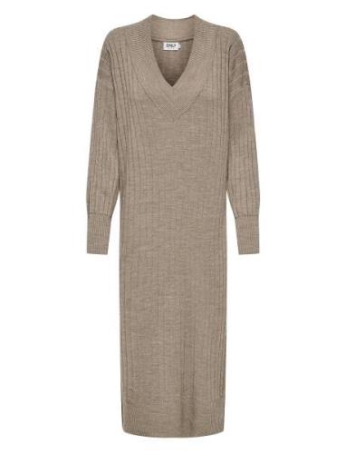 Onlnew Tessa L/S Midi V Dress Knt Noos Polvipituinen Mekko Beige ONLY