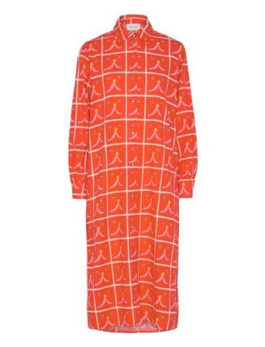 Abstract Cat Smile Printed Shirt Dress Polvipituinen Mekko Orange Bobo...