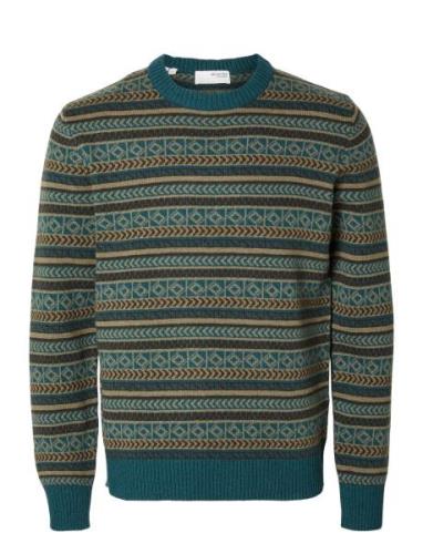 Slhfade Ls Knit Fairisle Crew Neck Tops Knitwear Round Necks Green Sel...