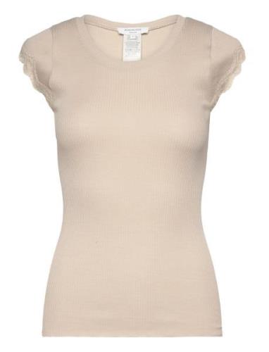 Short Sleeve Top W/ Lace Tops T-shirts & Tops Short-sleeved Beige Rose...