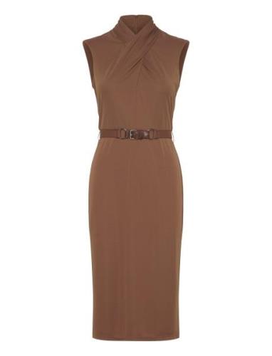 Belted Jersey Mockneck Dress Polvipituinen Mekko Brown Lauren Ralph La...