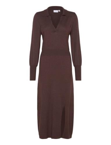 Vicomfy L/S Collar Rib Knit Dress - Noos Polvipituinen Mekko Brown Vil...