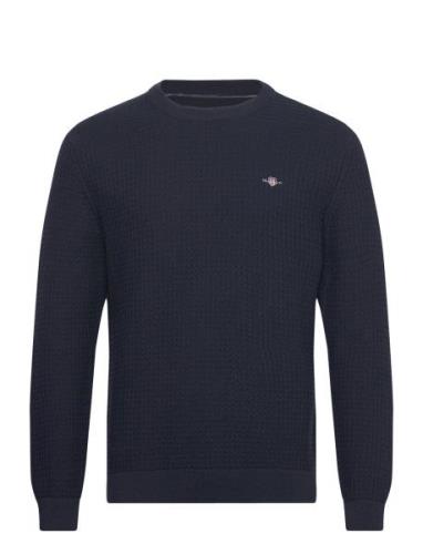 Cotton Textured C-Neck Tops Knitwear Round Necks Navy GANT