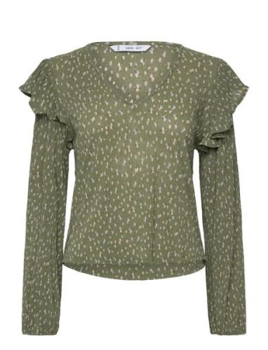 Ruffles Printed Blouse Tops Blouses Long-sleeved Green Mango