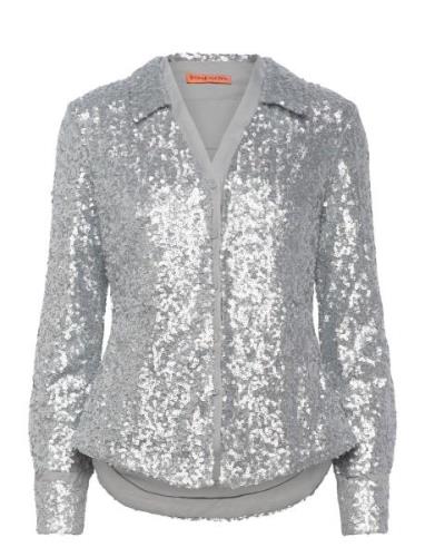 Double Collar Shirt, 2260 Sequins Tops Blouses Long-sleeved Silver STI...