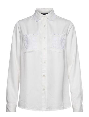 Candice Embroidered Satin Blouse Tops Shirts Long-sleeved White Lexing...