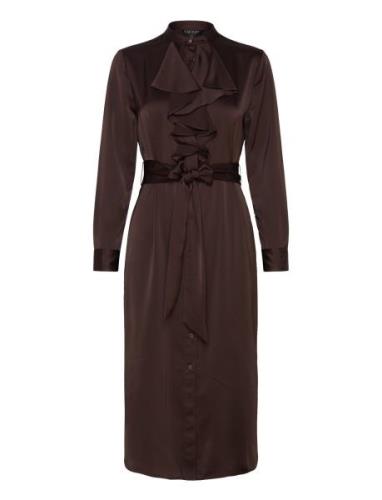 Ruffle-Trim Satin Charmeuse Shirtdress Polvipituinen Mekko Brown Laure...