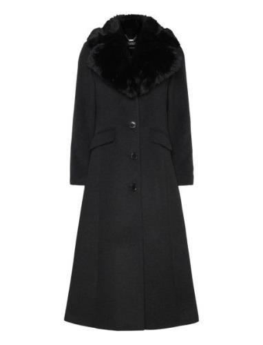 Faux-Fur-Collar Wool-Blend Coat Villakangastakki Pitkä Takki Black Lau...