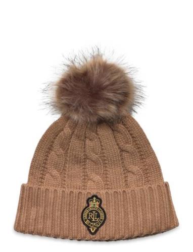 Crest-Patch Pom-Pom Cable-Knit Beanie Accessories Headwear Beanies Bei...