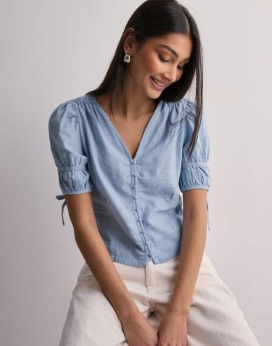 Only - Sininen - Onlcaro S/S but Linen Bl Top Cc Pnt